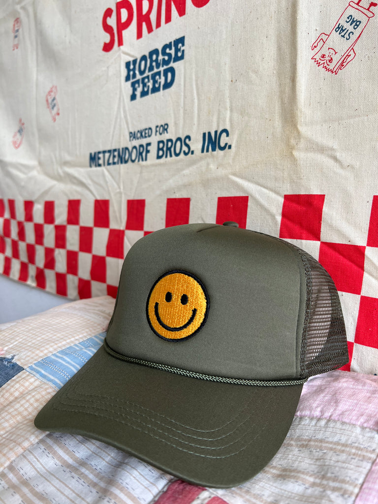 Smiley Face Trucker in Olive